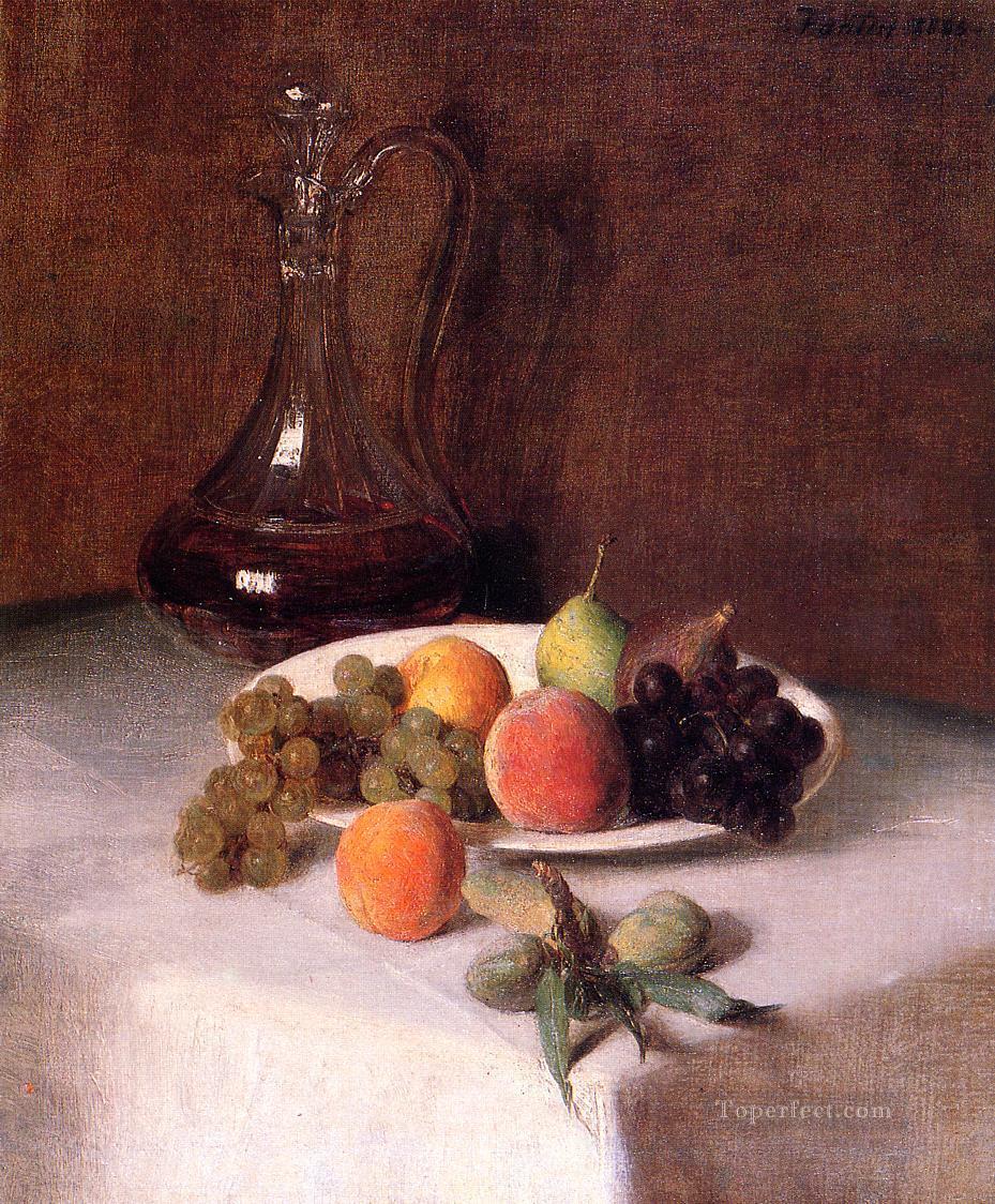 白いテーブルクロスの上に盛られたワインとフルーツの盛り合わせ アンリ・ファンタン・ラトゥール油絵
